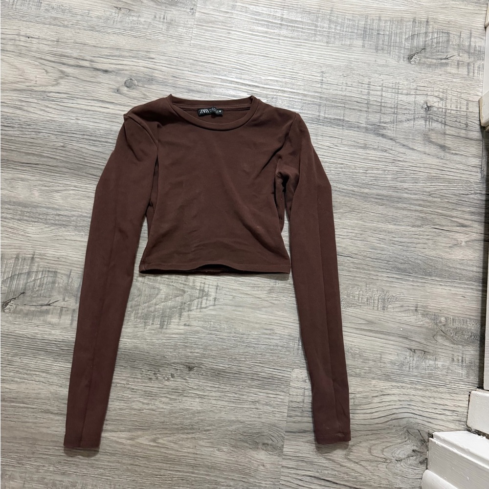 Zara Chocolate Brown Long-Sleeve Cropped Tee